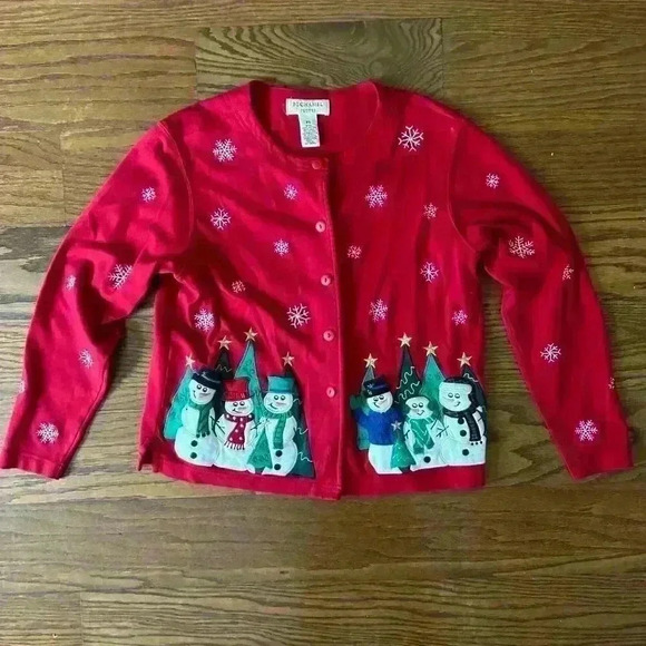 Vintage Embroidered Snowman Cardigan Ugly Christmas Sweater Petite Small Cottage - Picture 11 of 11